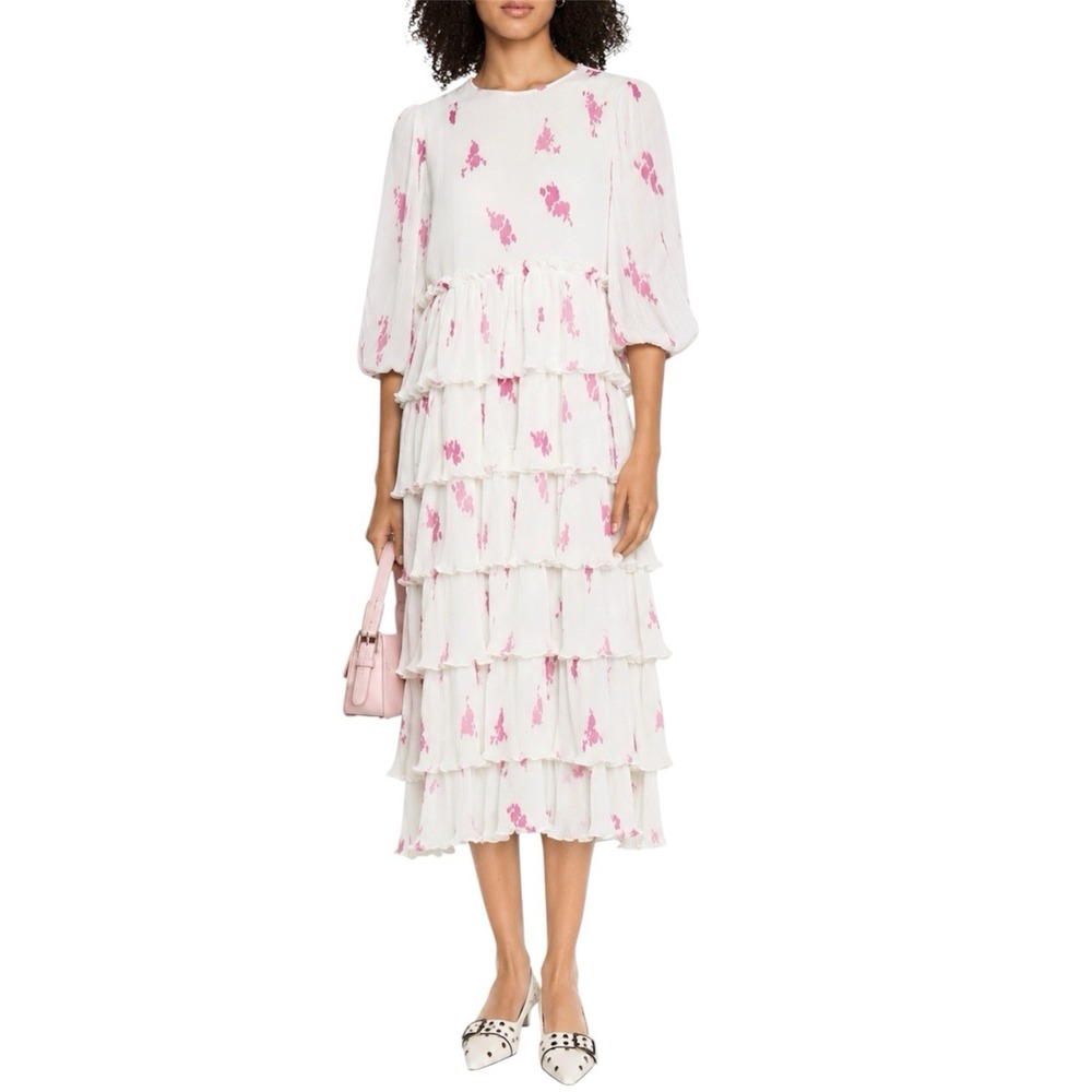 GANNI White Pink Floral Tiered Georgette Midi Dress Pleated Ruffle. Sz XS